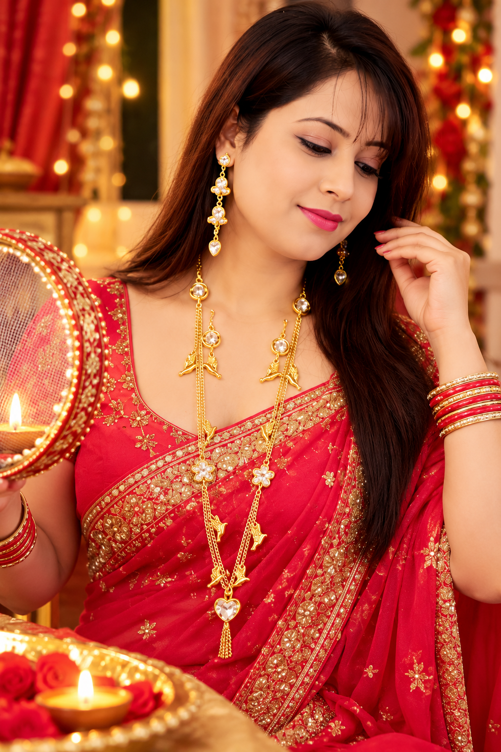 Karwa Chauth Special Golden Heart Jewellery Set with Earrings