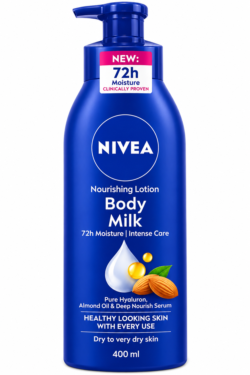 NIVEA Nourishing Body Milk Lotion – 400 ml | 72H Deep Moisture | With Hyaluron & Almond Oil | For Dry to Very Dry Skin