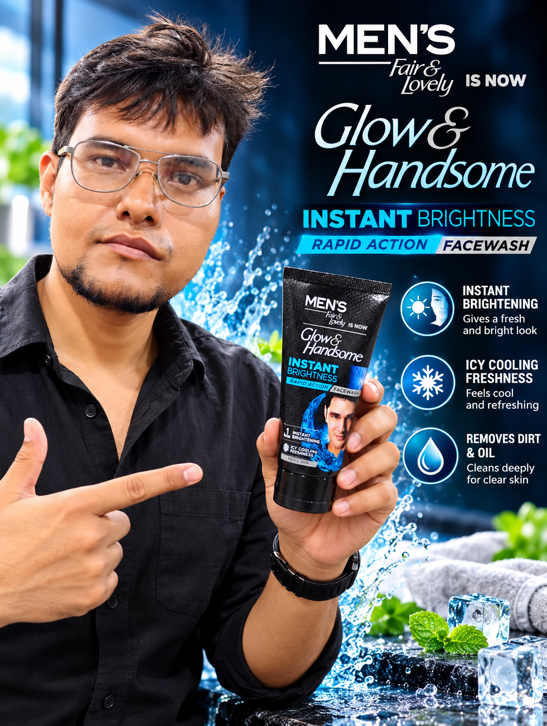 Glow & Handsome Men's Instant Brightness Rapid Action Face Wash – 50g