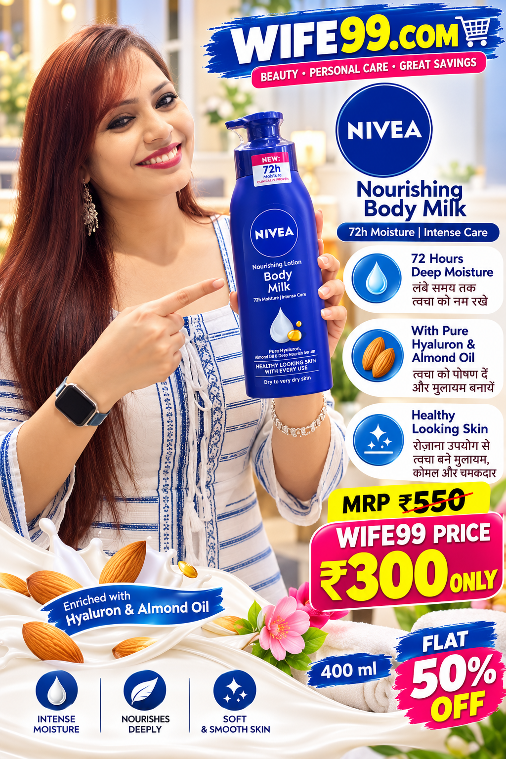 NIVEA Nourishing Body Milk Lotion – 400 ml | 72H Deep Moisture | With Hyaluron & Almond Oil | For Dry to Very Dry Skin