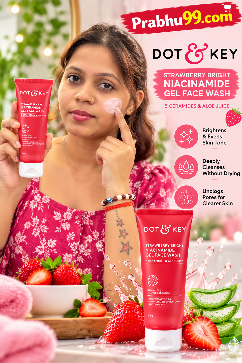 Dot & Key Strawberry Bright Niacinamide Gel Face Wash with 5 Ceramides & Aloe Juice – 100ml