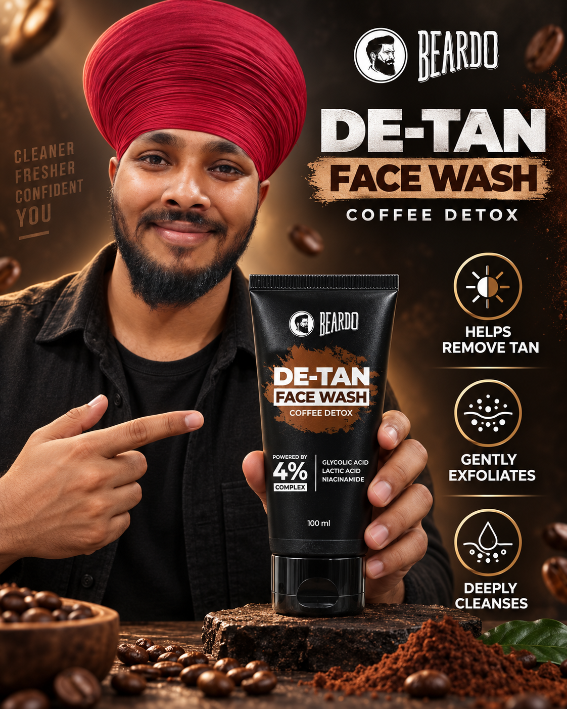 Beardo De-Tan Face Wash – Coffee Detox with 4% Active Complex, 100 ml